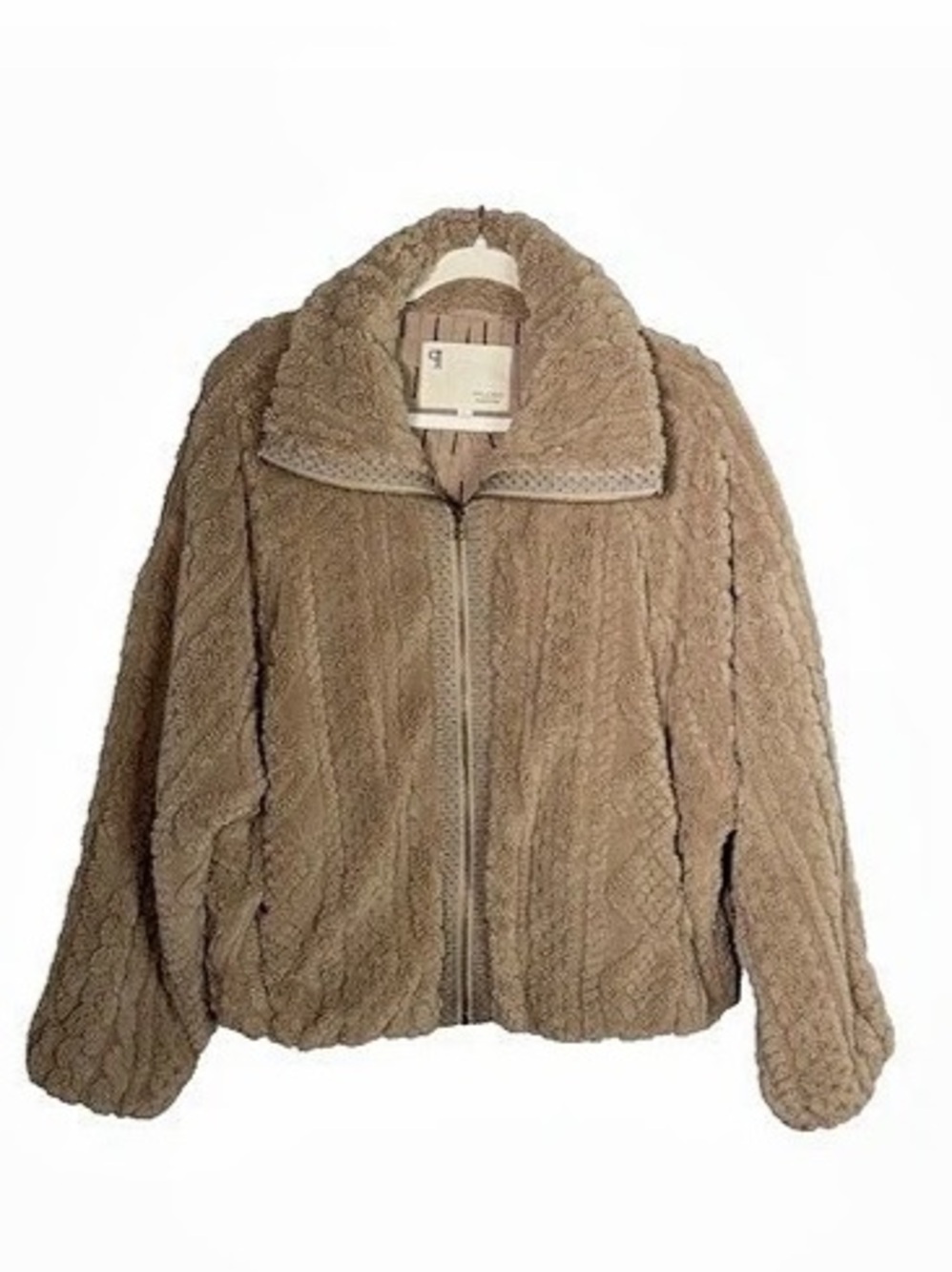 Pilcro Anthropologie Cable Fuzzy Textured Faux Fur Jacket Tan Sand Color Size XL